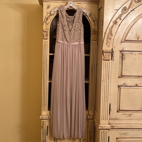 taupe bridesmaid dresses david's bridal David's Bridal Gold Metallic Taupe Lace and Mesh Long Strapless Dress   Sonderleigh